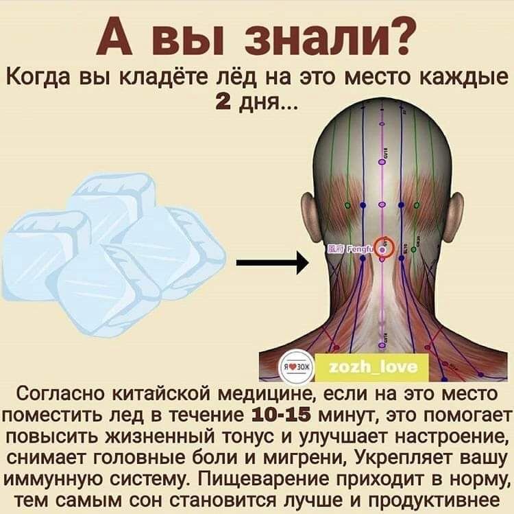 А вы знали Когда вы кладёте лёд на это место каждые поместить лед в течение 10 15 минут это помогает повысить жизненный тонус и улучшает настроение снимает головные боли и мигрени Укрепляет вашу иммунную систему Пищеварение приходит в норму тем самым сон становится лучше и продуктивнее