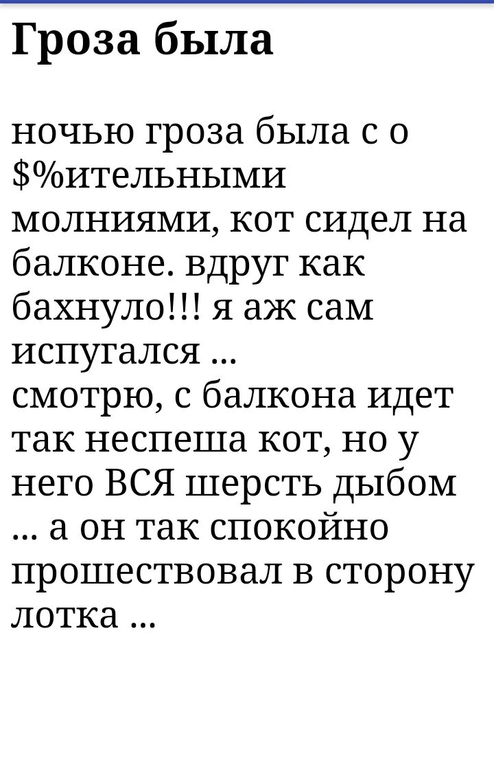 Гроза была ночью гроза была с о оительными молниями кот сидел на балконе Вдруг как бахнуло я аж сам испугался смотрю с балкона идет так неспеша кот но у него ВСЯ шерсть дыбом а он так спокойно прошествовал в сторону лотка