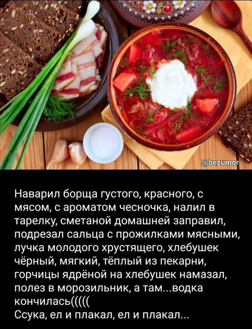 5 к Наварил борща густого красного с мясом с ароматом чесночка налил в тарелку сметаной домашней заправил подрезал сальца с прожилками мясными лучка молодого хрустящего хлебушек чёрный мягкий тёплый из пекарни горчицы ядрёной на хлебушек намазал полез в морозильник а тамводка кончилась Ссука ел и плакал ел и плакал