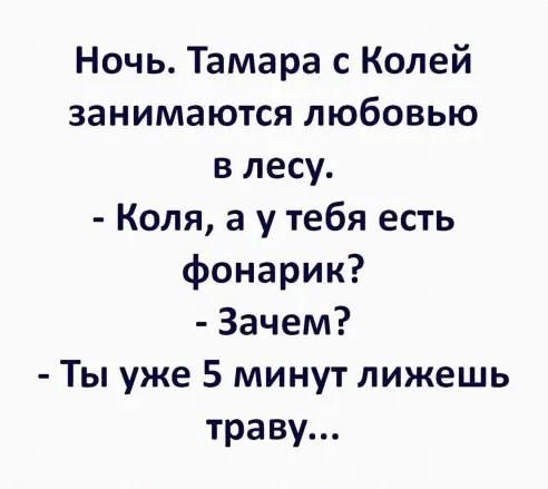 Ночь Тамара с Колей занимаются любовью в лесу Коля а у тебя есть фонарик Зачем Ты уже 5 минут лижешь траву