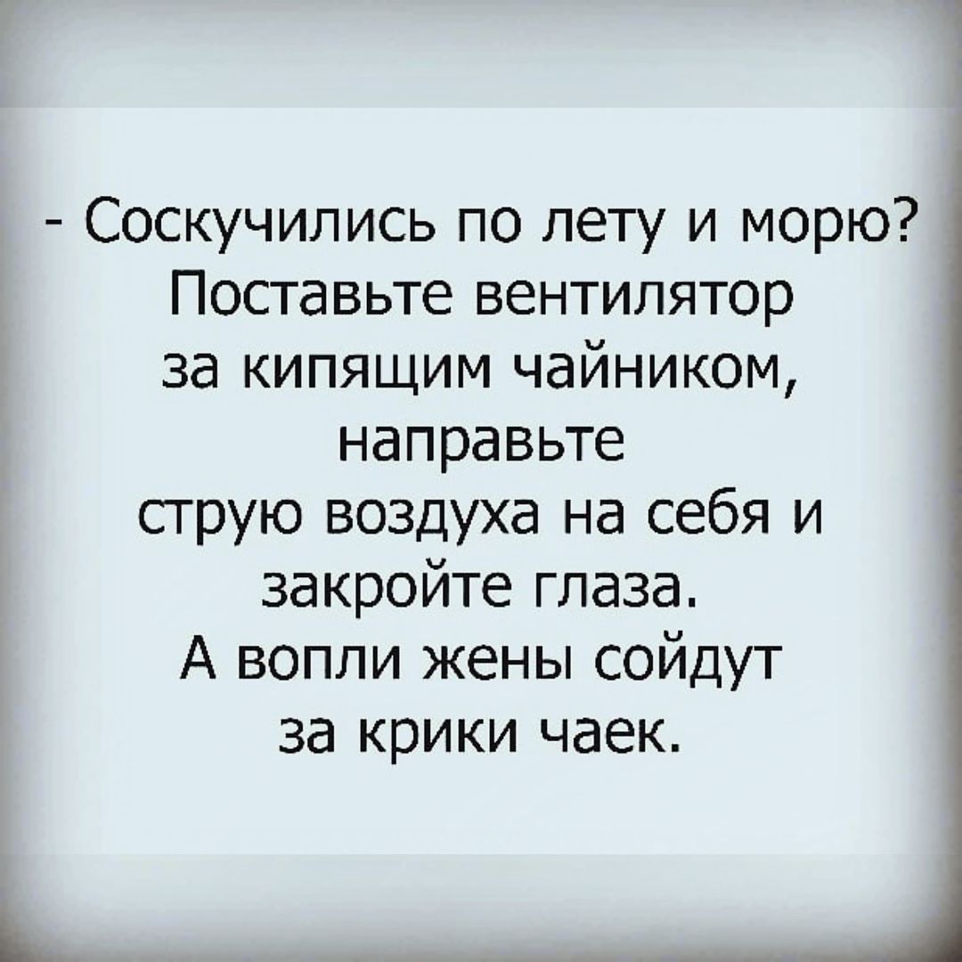 Соскучились по лету и морю Поставьте вентилятор за кипящим чайником направьте струю воздуха на себя и закройте глаза А вопли жены сойдут за крики чаек