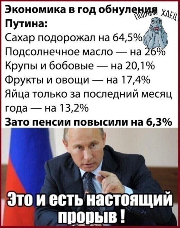 Экономика в год обнуле МЦ Путина Сахар подорожал на 645 Подсолнечное масло на Крупы и бобовые на 201 Фрукты и овощи на 174 Яйца только за последний месяц года на 132 Зато пенсии повысили на 63 _Ё_ _ Это и есть настоящим ппопыв 1 ____