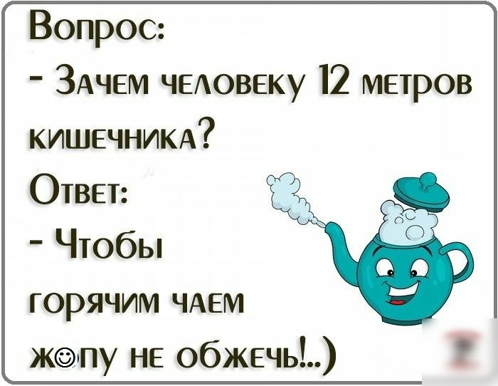 Вопрос ЗАЧЕМ ЧЕАОВЕКУ 12 метров КИШЕЧНИКА Ответ Чтобы горячим ЧАЕМ Жпу не обжечь