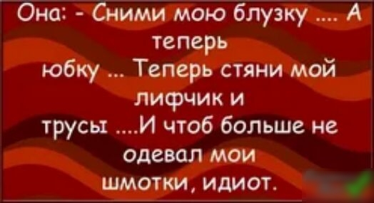 Она Сними мою блузку А теперь юбку Теперь стяни мой лифчик и трусы И чтоб больше не одевал мои шмотки идиот