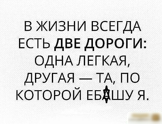 в жизни ВСЕГДА ЕСТЬ ДВЕ дороги ОДНА ЛЕГКАЯ ДРУГАЯ ТА по КОТОРОЙ ЕБАшу я