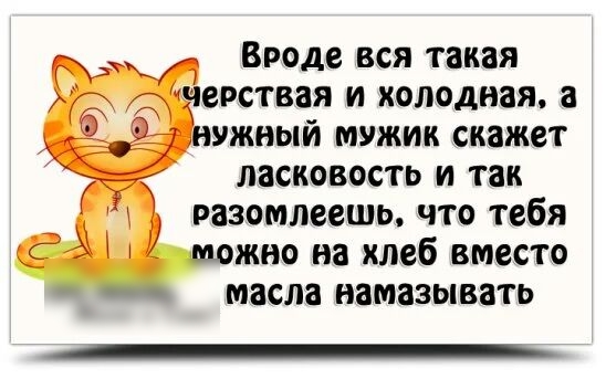 Вроде вся такая чада дщерствая и холоднаяа ужный мужик скажет ласковость и так разомлеешь что тебя можно на хлеб вместо масла намазывать Зі