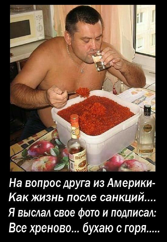 На вопрос друга из Америки Как жизнь после санкций Я выслал свое фото и подписал Все хреново бухаю с горя