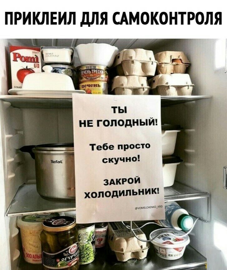 ПРИКЛЕИЛ дЛЯ САМОКОНТРОЛЯ ТЫ НЕ ГОПОдНЫЙ Тебе просто скучно ЗАКРОЙ холодильнИК