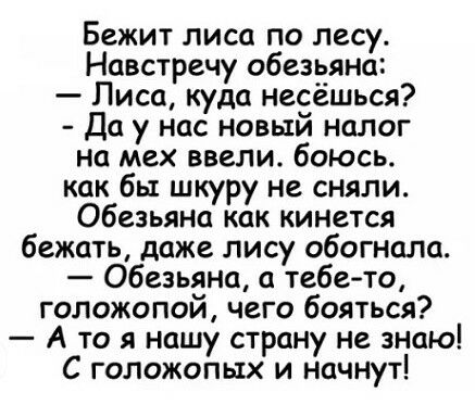 Бежит лиса по лесу Навстречу обезьяна Лиса куда несёшься Да у нас новый налог на мех ввели боюсь как бы шкуру не сняли Обезьяна как кинется бежать даже лису обогнала Обезьяна а тебето голожопой чего бояться А то я нашу страну не зною С голожопьтх и начнут