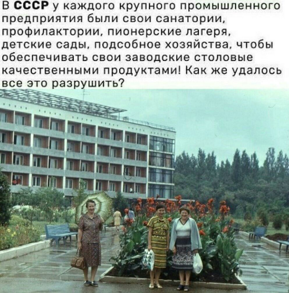 В СССР у каждого крупного промышленного предприятия были свои санатории профилактории пионерские лагеря детские сады подсобное хозяйства чтобы обеспечивать свои заводские столовые качественными продуктами Как же удалось все это разрушить