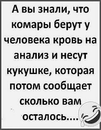 А вы знали что комары берут у человека кровь на анализ и несут кукушке которая потом сообщает сколько вам _ осталось