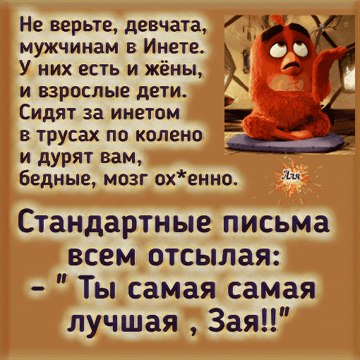 Не верьте девчата мужчинам в Инете У них есть и жёны и взрослые дети Сидят за инетом в трусах по колена и дурят вам бедные мозг охенно Стандартные письма всем отсылая Ты самая самая лучшая 3ая