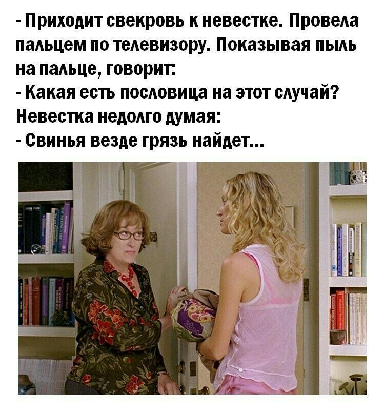 Содержу свекровь. Свинья везде грязь найдет анекдот про свекровь и невестку. Невестка пришла к свекрови. Приходит свекровь к невестке провела пальцем по телевизору. Свинья везде грязь найдет анекдот.