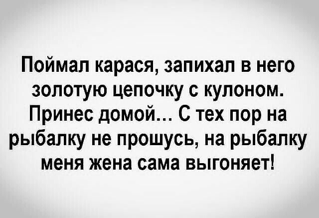 Поймал карася запихал в него золотую цепочку с купоном Принес домой С тех пор на рыбалку не прошусь на рыбалку меня жена сама выгоняет