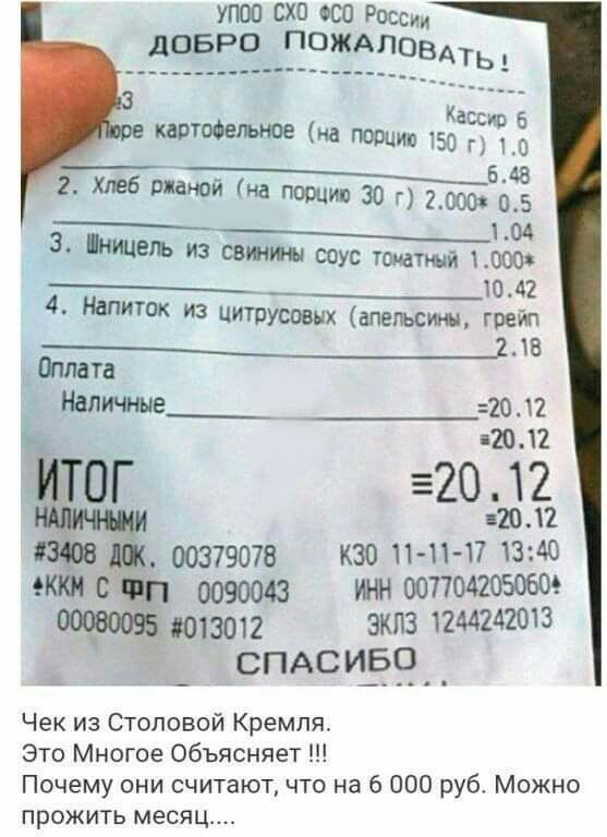 УПОО СХО ФСО Россия дОБРО ПОЖАЛОВАТЬ 3 КаСсир г10 __Ж хлеб паном из пошив 30 20000635 04 3 иицеіъ из сатин соус томатный 10042 4 Напиток из цитрусовых апельсиш гвейп 10 Огюста Наличные 20 2 2012 ЩОГ 52012 тп 00379070 кзо 11 11 17 1340 9100 с ФП 0090043 тн 0077042050004 3013012 зкпз 1244242013 спдс и_Б_9_ _ КТ на порцию 5 Чек из Столовой Кремля Это Многое Объясняет Почему они считают что на 6 000 р