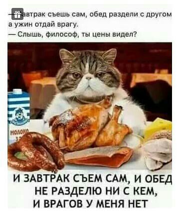 ватрзк съешь сам обед раздели дРУГпм а ужин отдай врагу _Спышц ФИЛОСПФУ ты ЦЕНЫ видел И ЗАВТРАК СЪЕМ САМ И ОБЕД НЕ РАЗДЕЛЮ НИ С КЕМ И ВРАГОВ У МЕНЯ НЕТ