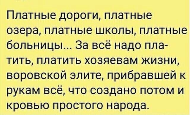 Платные дороги платные озера платные школы платные больницы За всё надо пла тить платить хозяевам жизни воровской элите прибравшей к рукам всё что создано потом и кровью простого народа
