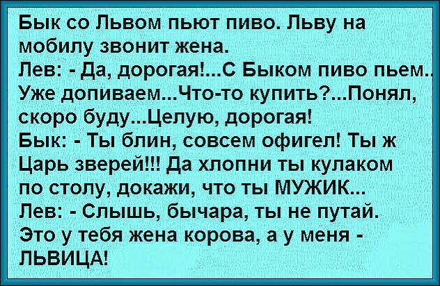 Бык со Львом пьют пиво Льву на мобилу звонит жена Лев да дорогаяс Быком пиво пьем Уже допиваемЧто то купитьПонял скоро будуЦепую дорогая Бык Ты блин совсем офигел Ты ж Царь зверей да хпопни ты кулаком по столу докажи что ты МУЖИК Лев Слышь бычара ты не путай Это у тебя жена корова а у меня ПЬВИЦА