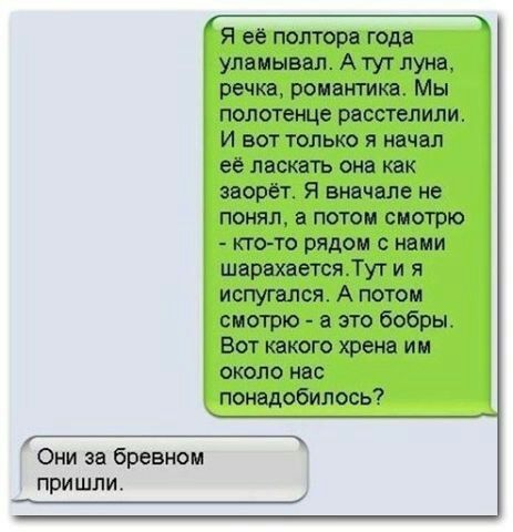 Я её полтора года уламывап А тут луна речка романтике Мы полотенце ресстелили И вот только я начал её ласкать она как зеорёт Я вначале не понял а потом смотрю кто то рядом с нами шарахаетсяТут и я испугался А потом смотрю а это бобры Вот какого хрена им около нас понадобилось Они за бревном пришли