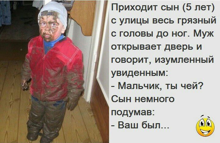 Приходит сын 5 лет с улицы весь грязный с головы до ног Муж открывает дверь и говорит изумленный увиденным Мальчик ты чей Сын немного подумав Ваш был