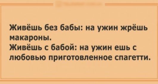 Живёшь без бабы на ужин жрёшь макароны Живёшь с бабой на ужин ешь с любовью приготовленное спагетти