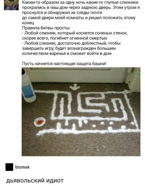 Каким то образом за одну ночь какие то глупые спизняки прокрались в наш дом через заднюю дверь Этим утром я проснулся и обнаружил их следы почти до самой двери моей комнаты и решил положить этому конец Правила битвы просты Любой слизняк который коснется соленых стенок скорее всего погибнет огненной смертью _ Любой слизняк достаточно доблестный чтобы завершить игру будет вознагражден большим количе
