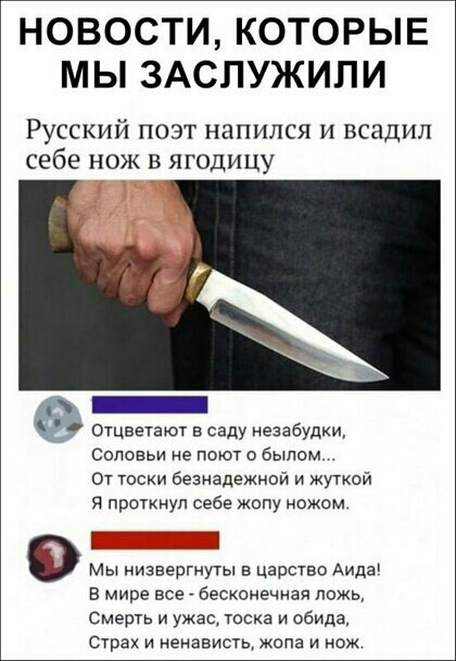 НОВОСТИ КОТОРЫЕ МЫ ЗАСЛУЖИПИ Русский поэт напился и всадил себе нож в ягодицу отцветают в саду незабудки Ссповьи не поют былом От тоски безнадежной и жуткой я проткнуп себе жопу ножом 2 в мире все бесконечная ложь Смерть и ужас тоска и обида страх и ненавистьжопа и нож
