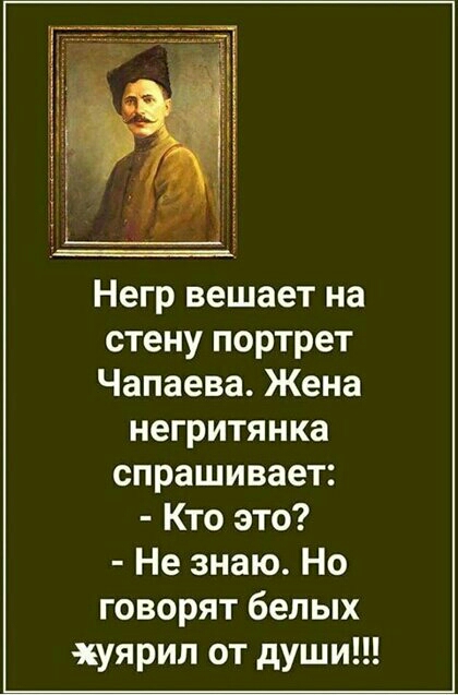 Негр вешает на стену портрет Чапаева Жена негритянка спрашивает Кто это Не знаю Но говорят белых уярил от души