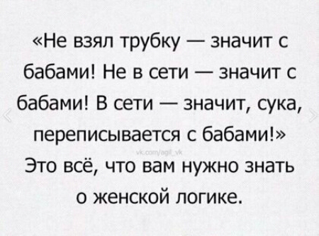 Не взял трубку значит с бабами Не в сети значит с бабами В сети значит сука переписывается с бабами Это всё что вам нужно знать о женской логике