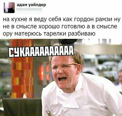 адам уайпцер на кухне я веду себя как гордон рамзи ну не в смысле хорошо готовлю а в смысле ору матерюсь тарелки разбиваю