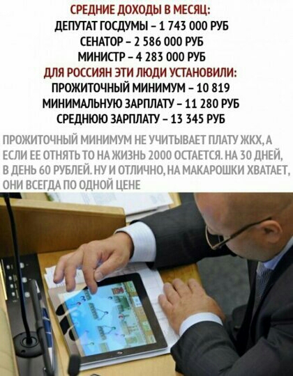 СРЕДНИЕ дОХОДЫ МЕСЯЦ дЕПУТАТ ГОСДУМЫ 1 743 000 РУБ СЕНАТПР 1 586 000 УУБ МИНИСТР 4183 000 РУБ для РОССИЯН ЭТИ ЛЮДИ УСГАНОВИЛИ ПРОЖИТОЧНЫЙ МИНИМУМ 10 819 МИНИМАЛЬНУЮ ЗАРПЛАТУ 11180 РУБ СРЕДНЮЮ ЗАРПЛАТУ 13 345 РУБ ММГ1 И им И А И Щ Ь ШГГ