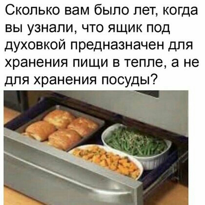 Сколько вам было лет когда вы узнали что ящик под духовкой предназначен для хранения пищи в тепле а не для хранения посуды