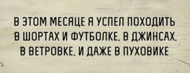 В ЭТОМ МЕСНЦЕ Я УСПЕП ПОХОЦИТЬ В ШОРТАХ И ФУТБОПКЕ В ДЖИНСАХ В ВЕТРОВКЕ И ЛАЖЕ В ПУХПВИКЕ