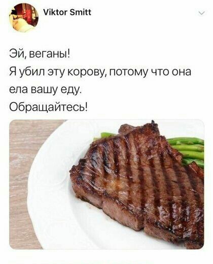 пкюгЗтіп Эй веганы Я убил зту корову потому что она ела вашу еду Обращайтесь
