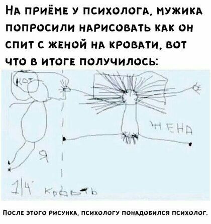 НА приём у психологд мужикд попросили нврисовдть кдк он спит женой нд кровли вот что в итог получилось посл этого РИЕУИКА психологу пвиддовился пкихолог