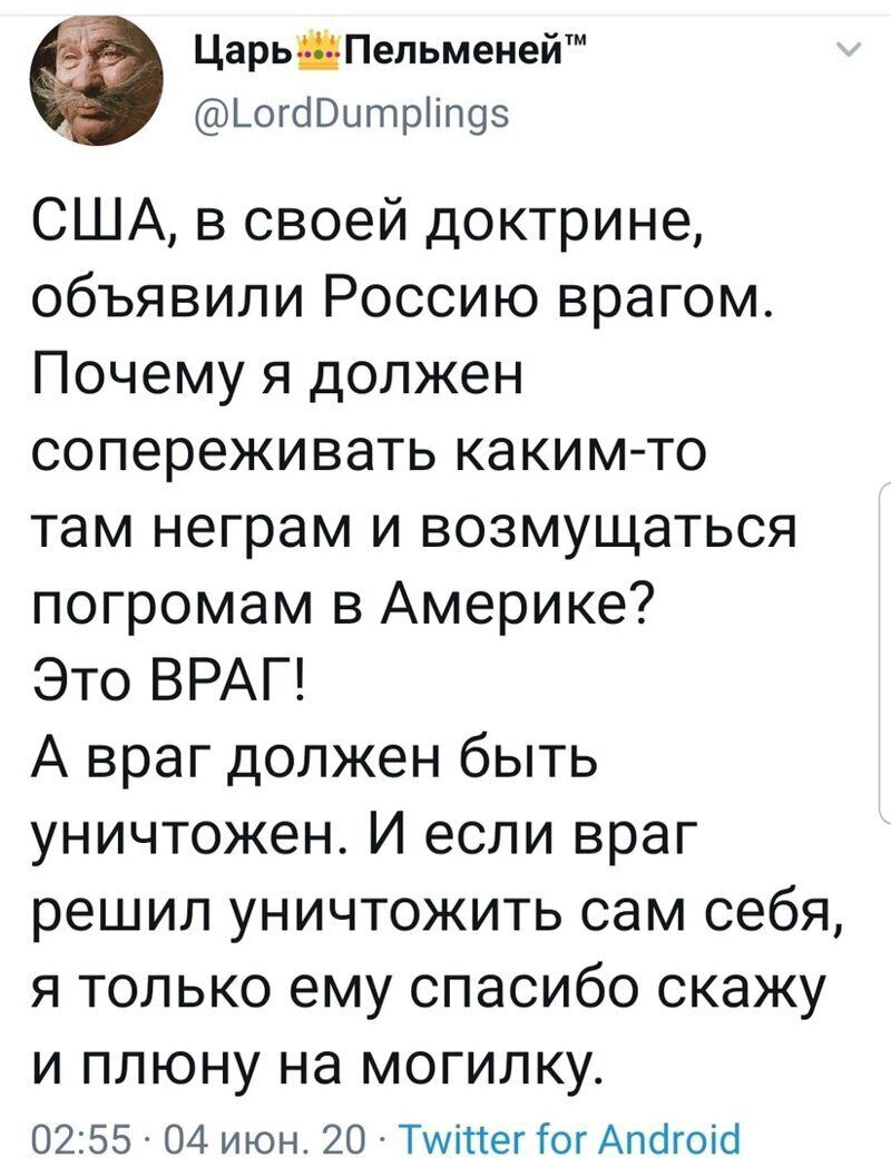 ЦарЬЦПельменейтм ЬогбВытріігщз США в своей доктрине объявили Россию врагом Почему я должен сопереживать каким то там неграм и возмущаться погромам в Америке Это ВРАГ А враг должен быть уничтожен И если враг решил уничтожить сам себя я только ему спасибо скажу И ПЛЮНУ на МОГИЛКУ 0255 04 июн 20 Тууіпег гог Апсгоісі
