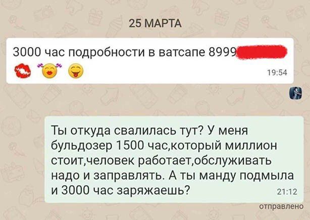 25 МАРТА 3000 час подробности в ватсапе 8999 50 8 Ты откуда свалилась тут У меня бульдозер 1500 часкоторый миллион стоитчеповек работаетабслуживать надо и заправлять А ты манду подмыпа и 3000 час заряжаешь гиг отправлено