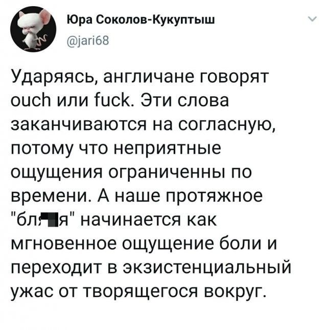 Юра СоколовКукуптыш агібз Ударяясь англичане говорят оисп или ГисК Эти слова заканчиваются на согласную потому что неприятные ощущения ограниченны по времени А наше протяжное бліія начинается как мгновенное ощущение боли и переходит в экзистенциальный ужас от творящегося вокруг