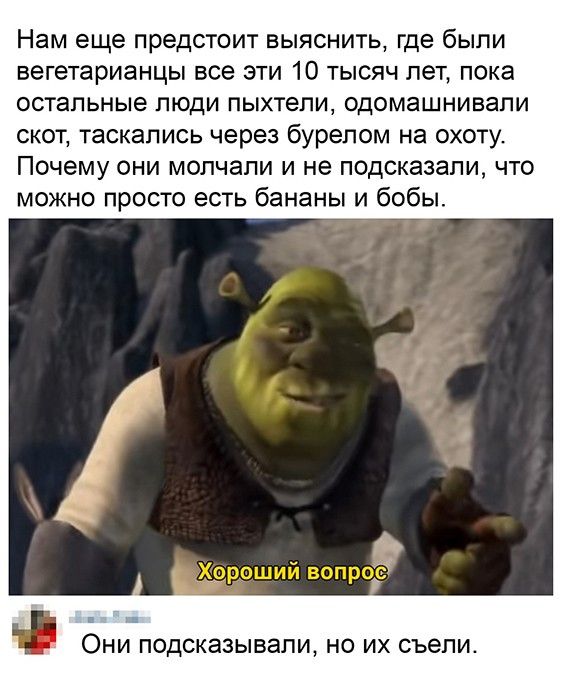 Нам еще предстоит выяснить где были вегетарианцы все эти 10 тысяч лет пока остальные люди пыхтепи одомашнивапи скот таскапись через бурелом на охоту Почему они молчали и не подсказали что можно просто есть бананы и бобы Они подсказывапи но их съепис