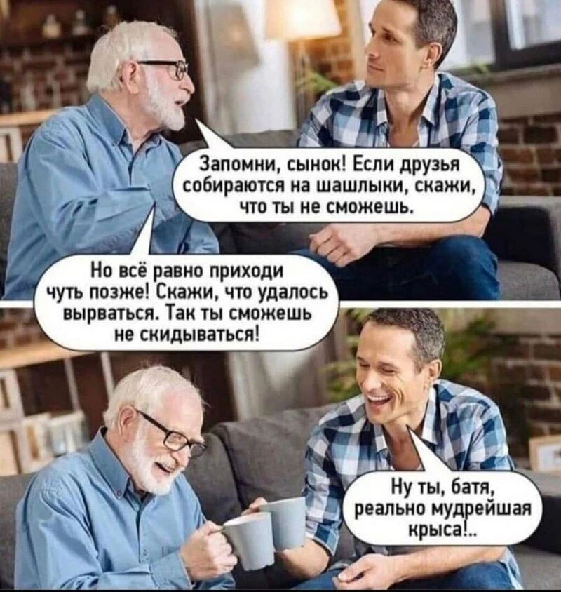 Запомни сынок Если друзья собираются на шашлыки скажи ЧТО ТЫ не СМОЖЕШЬ Но всё равно приходи чуть позже Скажи что удалось вырваться Так ты сможешь не скидываться Ну ты батя реально муд ейшая крыса