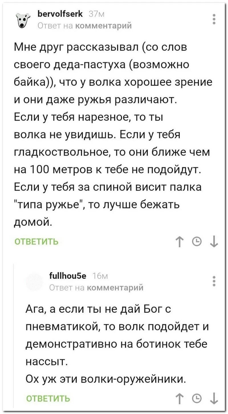 __ ЬегчоНэегК ч и Т Т комментарий Мне друг рассказывал со слов своего деда пастуха возможно байка что у волка хорошее зрение и они даже ружья различают Если у тебя нарезное то ты волка не увидишь Если у тебя гладкоствольное то они ближе чем на 100 метров к тебе не подойдут Если у тебя за спиной висит палка типа ружье то луч ше бежать домой ОТВЕТИТЬ Т 1 іцЬои5е э Т и комментарий Ага а если ты не да