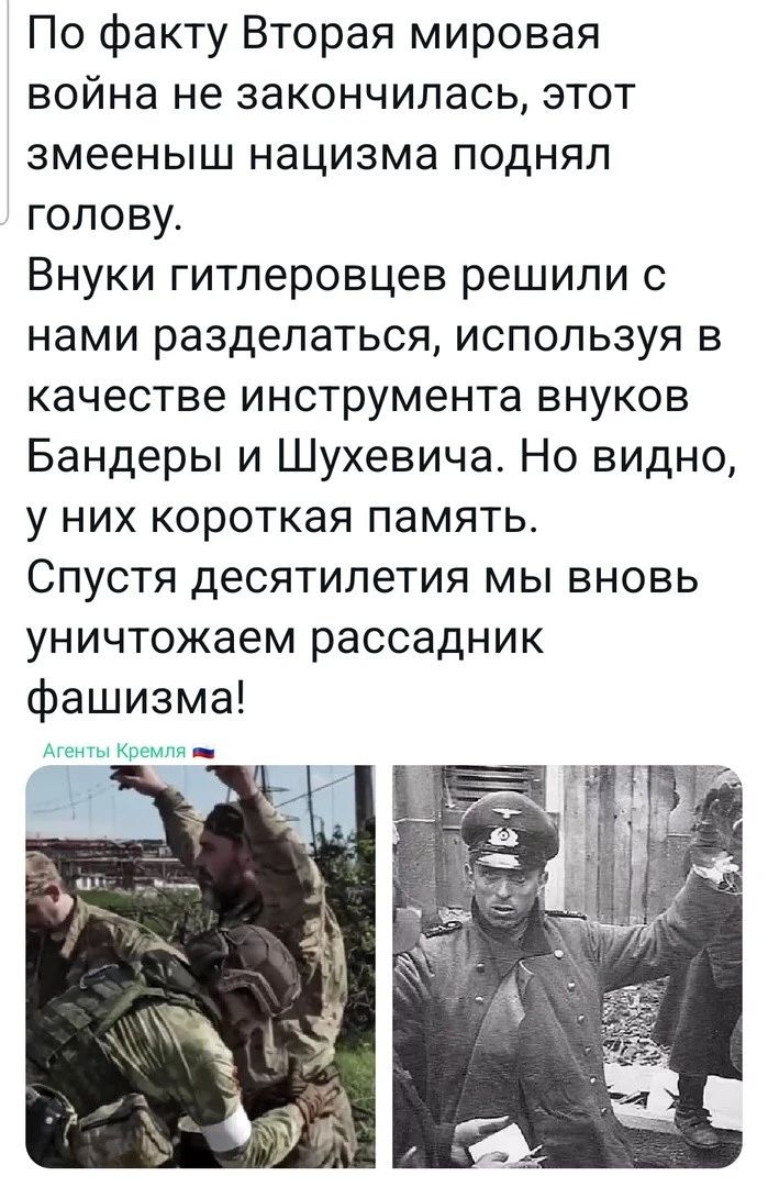 По факту Вторая мировая война не закончилась этот змееныш нацизма поднял голову Внуки гитлеровцев решили с нами разделаться используя в качестве инструмента внуков Бандеры и Шухевича Но видно у них короткая память Спустя десятилетия мы вновь уничтожаем рассадник фашизма _