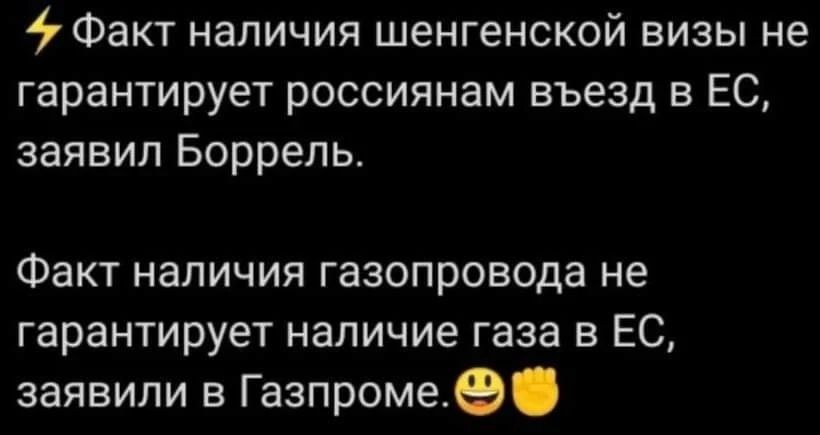 Факт наличия шенгенской визы не гарантирует россиянам въезд в ЕС заявил Боррель Факт наличия газопровода не гарантирует наличие газа в ЕС заявили в Газпромее