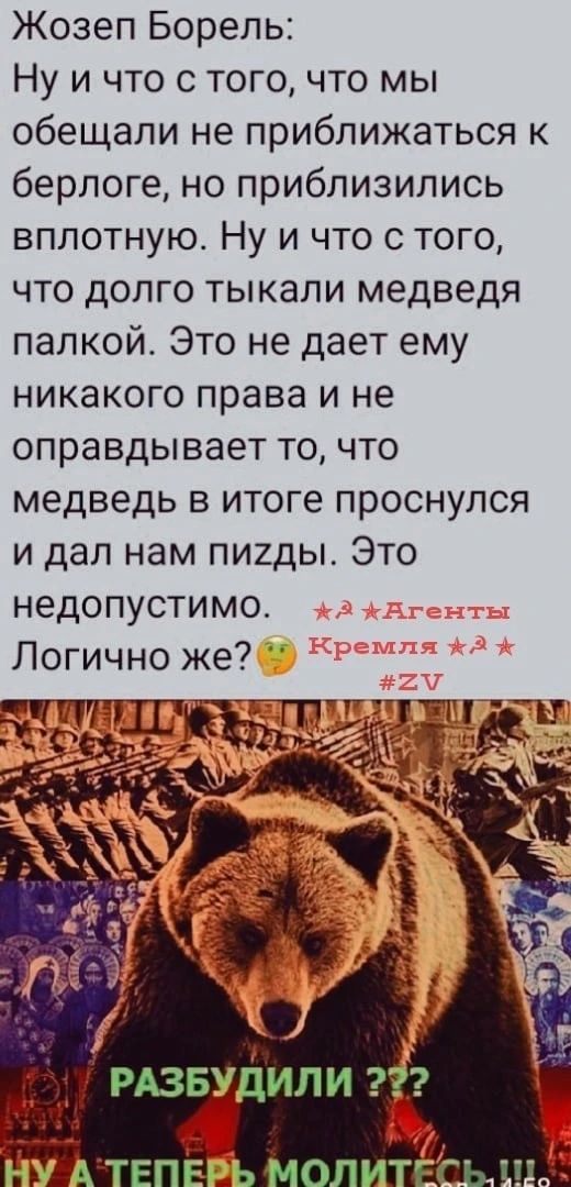 Жозеп Борель Ну и что с того что мы обещали не приближаться к берлоге но приблизились вплотную Ну и что стого что долго тыкали медведя палкой Это не дает ему никакого права и не оправдывает то что медведь в итоге проснулся и дал нам пи2ды Это недопустимо Логично же