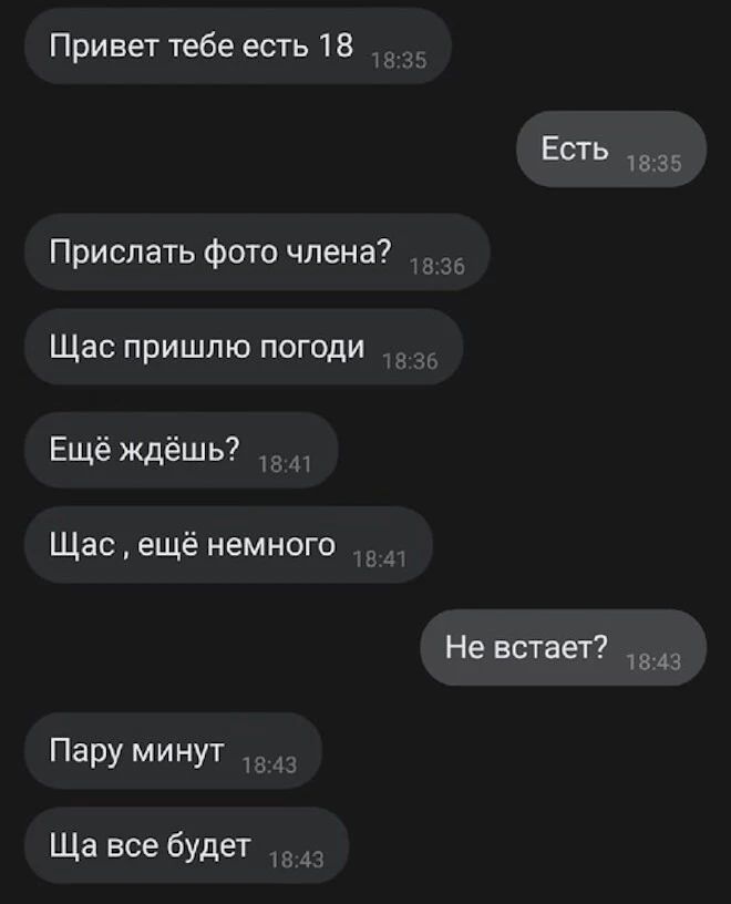 Привет тебе есть 18 Есть 1335 Прислать Фото члена Щас пришлю погоди _ Ещё ждёшь Щас ещё немного Не встает и Пару минут Ща все будет