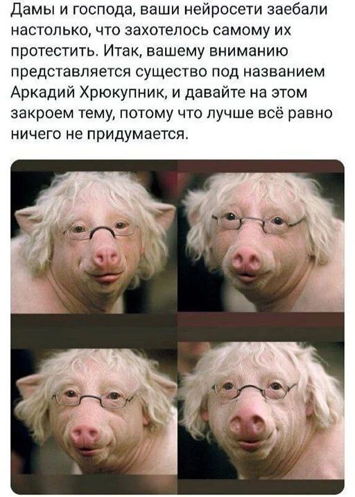 дамы и господа ваши нейросети заебали настолько что захотелось самому их протестить Итак вашему вниманию представляется существо под названием Аркадий Хрюкупник и давайте на этом закроем тему потому что лучше всё равно ничего не придумается