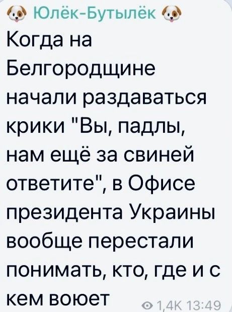 1 9 ЮпекйБутылёк 1 3 Когда на Белгородщине начали раздаваться крики Вы падлы нам ещё за свиней ответите в Офисе президента Украины вообще перестали понимать кто где и с кем воюет
