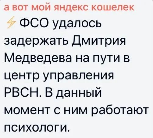 а ВОТ МОЙ ЯНДЕКС кошелек ФСО удалось задержать Дмитрия Медведева на пути в центр управления РВСН В данный момент с ним работают психологи