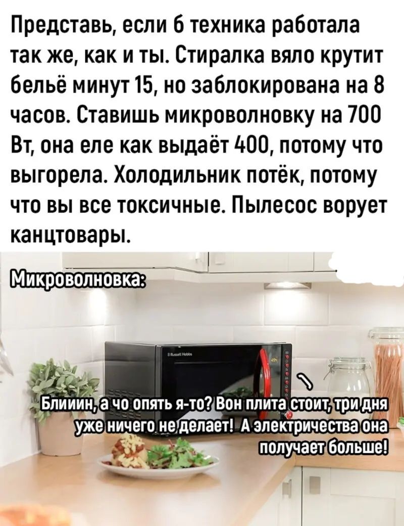 Представь если техника работала так же как и ты Стиралка вяло крутит Бельё минут 15 но заблокирована на 8 часов Ставишь микроволновку на 700 Вт она еле как выдаёт 400 потому что выгорела Холодильник потёк потому что вы все токсичные Пылесос ворует канцтовары