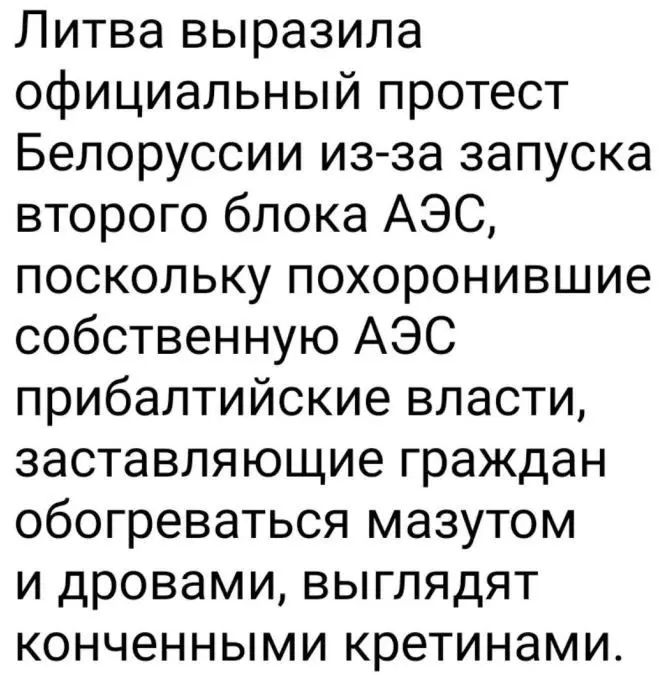 Литва выразила официальный протест Белоруссии из за запуска второго блока АЭС поскольку похоронившие собственную АЭС прибалтийские власти заставляющие граждан обогреваться мазутом и дровами выглядят конченными кретинами